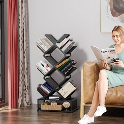 Gintan 9-Tier Space Saving Book Shelf with Storage,Bedroom Shelves Folding Bookshelves,No Installation Required Shelf Tree Metal Bookshelf for Living Room,Study,Home Office,Bed Room (Black) - Thumbnail 6