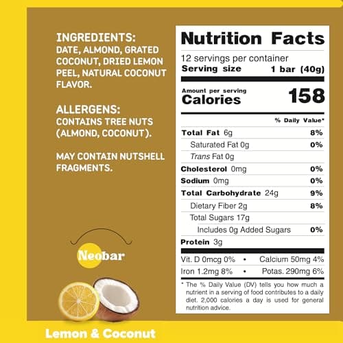 NEOBAR Lemon Coconut Plant-Based Vegan Snack Bars, Gluten Free Dairy Free Snacks, No Added Sugar, No Preservatives, Non-GMO | 12 Count - Thumbnail 2