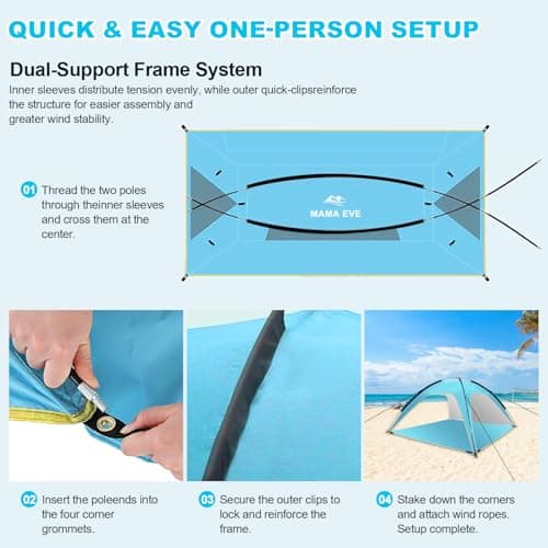 MAMA EVE Beach Tent Sun Shelter, 3-5 Person Pop Up Beach Tent, Easy Setup UPF 50+ UV Protection Portable Lightweight Waterproof Family Beach Cabana Sun Shade Shelter,Outdoor Shade for Sand, Camping - Thumbnail 5