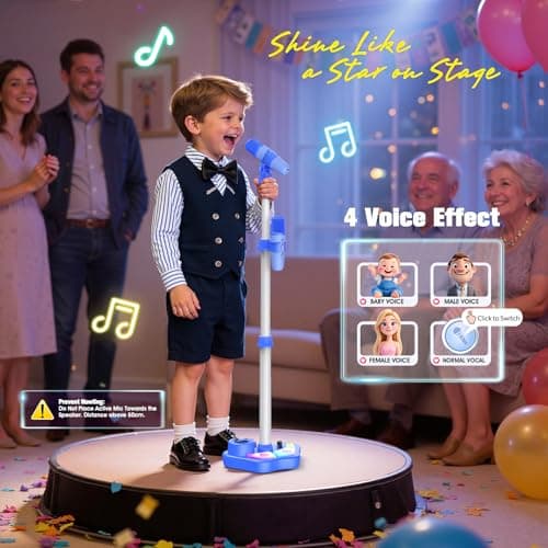 Kids Karaoke Machine Toy with Stand for Boys Age 3-8, Rechargeable Karaoke Microphone with 2 Wireless Mic & LED Lights, 3 4 5 6 7 8 Year Old Boy Girl Bluetooth Speaker Party Toys Toddler Birthday Gift - Thumbnail 4