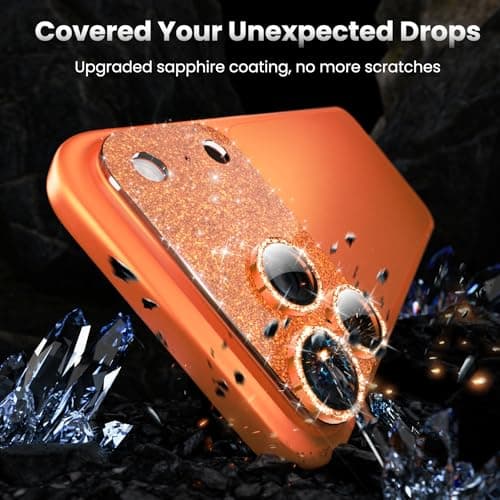 YWXTW for iPhone 17 Pro Camera Lens Protector, [Upgraded Glitter Design] Full Bling Sparkly Diamond Tempered Glass Screen Protector Metal Camera Cover Accessories (Glitter Orange, iPhone 17 Pro) - Thumbnail 3