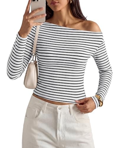 PRETTYGARDEN Womens Tops 2026 Fall Off The Shoulder Long Sleeve Shirts Striped Fitted Y2K T-Shirt Going Out Crop Top(Striped White Black,Medium) - Image 1