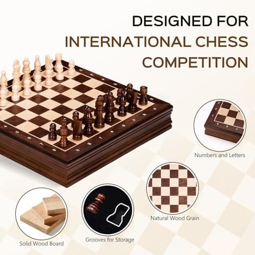 Peradix Wooden Chess Set for Kids Magnetic 12'' Checkers Chess Board Game Set 2 in 1 with Drawer, Unique Chess Pieces with 2 Extra Queens, Family Board Games Educational Sets - Thumbnail 2