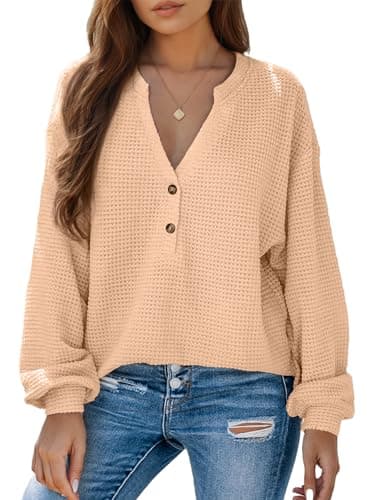 Dokotoo Women's Waffle Knit Tops Long Sleeve Button Down Shirts Boyfriend Sexy V Neck Loose Fit Tee Top Lightweight Solid Basic Beige Blouses for Business Outfits Medium - Image 1
