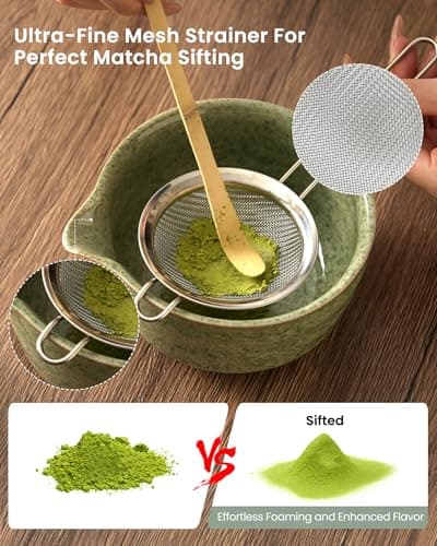 Matcha Whisk Set Ceramic Matcha Kit Set Includes Matcha Bowl, Matcha Whisk and Holder, Bamboo Scoop, Scoop Rest, Sifter and Tea Towel - 7 Pcs Matcha Kit for Matcha Lovers (Matcha Green) - Thumbnail 5