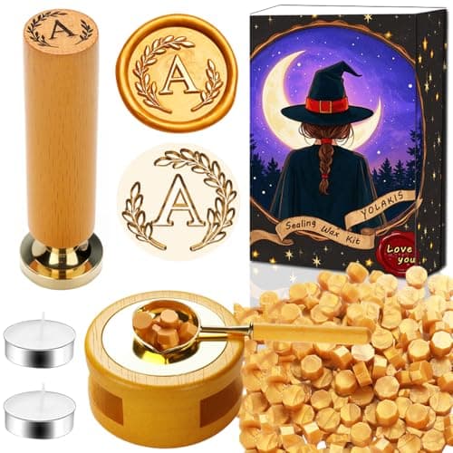 YOLAKIS Botanical Alphabet A Wax Seal Stamp Kit with Initial Wood Handle Vintage Floral Leaves Brass Wax Stamp Head Ideal for Wedding Invites Gift Wrapping Envelopes & Christmas Cards Decor-A Kit - Image 1