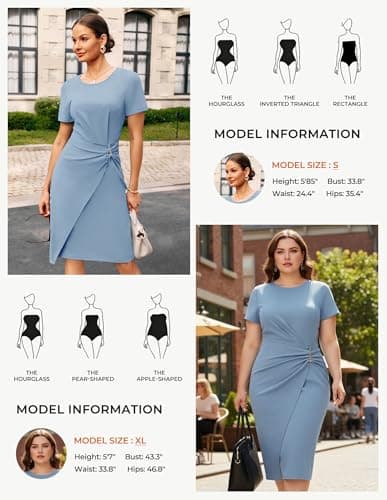 GRACE KARIN Women's Short Sleeve Bodycon Work Dress Business Midi Sheath Dress Office Cocktail Dress Gray Blue XL - Thumbnail 6