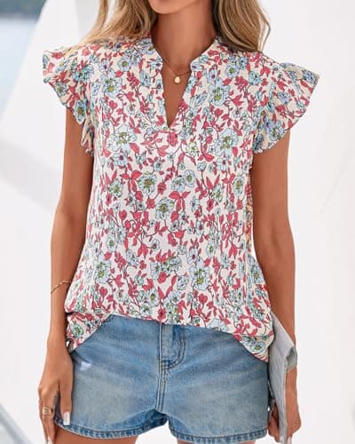Zenlonr Womens Dressy Casual Tops 2026 Summer Ruffle Cap Sleeve V Neck Shirts Boho Floral Blouses Vacation Outfits(Floral Beige Multi,X-Large) - Thumbnail 3