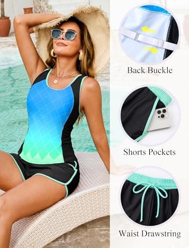 Swim Suits for Women 2026 Two Piece Bathing Suits Racerback Blouson Top with Boy Shorts Blue Green Gradient Large - Thumbnail 5