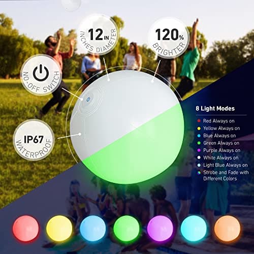 FLAMDYNO Pool Toys, 8 Pack 12" Light Up Beach Balls with 8 LED Modes, Up to 60H Glow Pool Balls, IP67 Waterproof & Leak-Resistant Inflatable Beach Balls for Kids 3-10, Pool Party Games & Decorations - Thumbnail 2