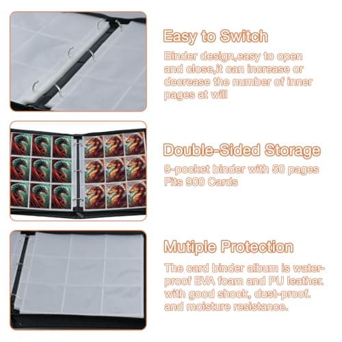 Trading Card Binder 9 Pocket, Fits 900 Cards with 50 Removable Sleeves, Portable TCG Album Folder for Standard Size Game Cards, Sports Card Holder Book for Collectors, Frostwing - Thumbnail 4