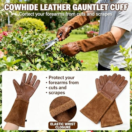 iuhkjnuh Leather Gardening Gloves for Women Men, Long Rose Pruning Gloves Thorn Proof Cowhide Gauntlet Cactus Garden Gloves for Yard - Thumbnail 3