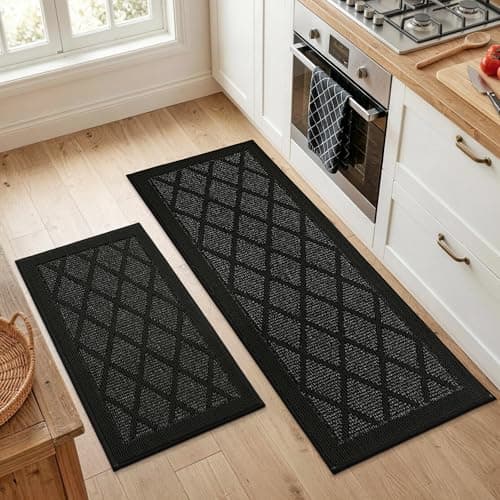COSY HOMEER Kitchen Mats, 2 PCS Kitchen Rug Non Slip Washable, Absorbent Runner Rugs for Kitchen Floor, 100% Polypropylene Kitchen Sink Rug 20"x32" + 20"x48"(Black)