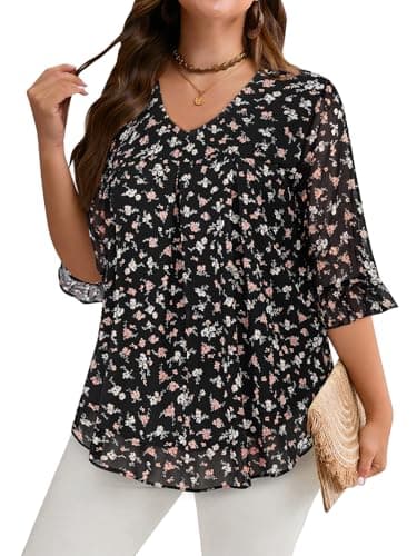 Amrto Plus Size Tops for Women Office Blouses Work 3/4 Sleeve V Neck Business Casual Tunic Dress Shirts Ladies Professional Fashion 2025 Interview Clothes Wrinkle Free Pretty, Black Pink Flowers, 4XL - Image 1