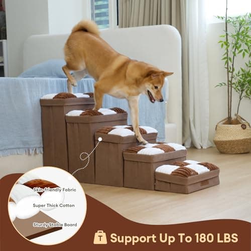 FUNNYFUZZY Dog Stairs for Small Dogs - 4 Steps Chessboard Plaid Handcrafted Dog Stairs with Storage - Multifunctional and Foldable, Brown - Thumbnail 6