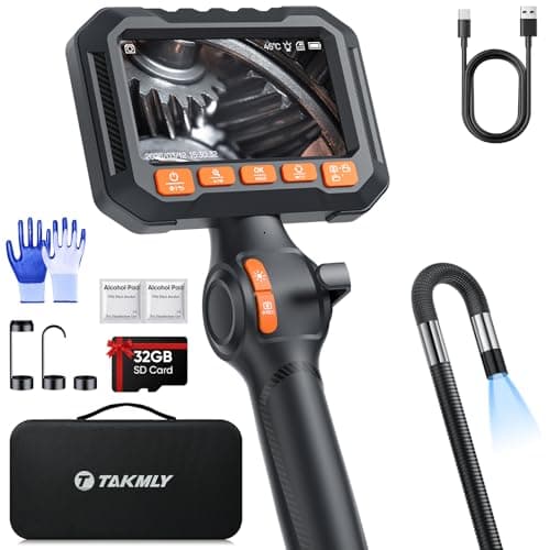 T Takmly Two-Way Articulating Borescope with Light, 210° Steerable 1080P Endoscope Camera, 0.33inch Semi-Rigid Snake Scope, 4.3" IPS Screen, 32GB, 5.5FT for Automotive Engine HVAC Wall Mechanics