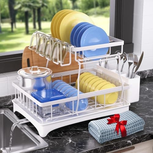 Godboat Dish Drying Rack, 2-Tier Dish Rack with Auto-Drain & Mat, Dish Racks for Kitchen Counter, Dish Drainer with Knife, Fork & Cup Rack, Gifts for Women, Mothers Day, Kitchen Gadgets, White - Image 1