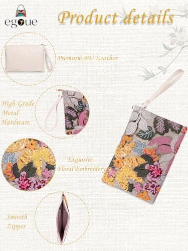 EGOUE Clutch Purses for Women, Embroidered Floral Clutch Bag with Leather Wrist Strap for Daily Travel, Parties & Wedding - Thumbnail 5