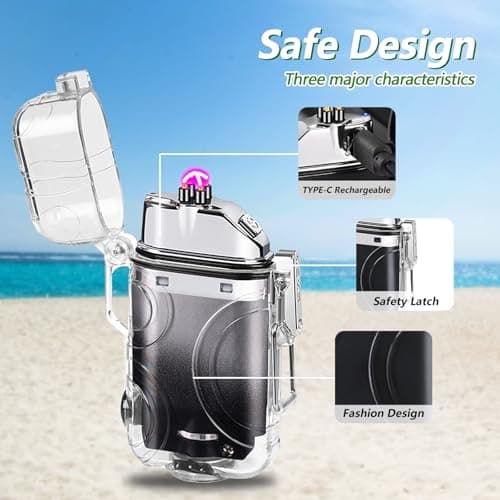 SKRFIRE Electric Lighter Transparent Waterproof Lighter Dual Arc Lighter with LED Flashlight,Windproof Lighter Rechargeable USB Lighter Flameless Plasma Lighter for Camping Hiking(ClearSilverBlack) - Thumbnail 4