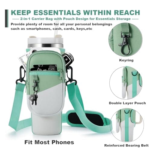 BULKITEM 30oz Water Bottle Carrier Bag with Phone Pocket for Gradient Green Stanley 30 oz Tumbler with Handle, Insulated Neoprene Cup Holder Pouch Strap for Valentines Stanley Cup Accessories - Thumbnail 3