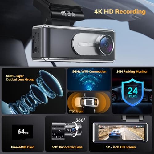 Csyibeielec Dash Cam Front and Rear - 4K HD Dual Dash Camera for Cars, Built-in 5G WiFi GPS, 64GB Card, Dashcam with 3.2" IPS Screen, UHD Night Vision, HDR, App Control, 24H Parking Monitor - Thumbnail 2