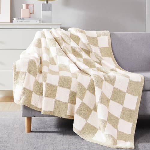 WRENSONGE Checkered Throw Blanket, Beige Soft Cozy Fluffy Warm Hand Made Throw Blankets for Couch, Sofa, Chair, Bed, Camping, Picnic, Travel Lightweight Bed Blanket - 60"*80" - Image 1