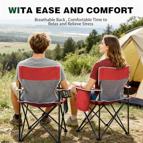 Portable Outdoor Folding Chair with Cup Holder & Cooler Bag - Breathable Mesh, Wide Armrests, Ergonomic Design for Camping, Beach, Backyard - Includes Storage Bag & Bottle Opener (Black/Green/Red) - Thumbnail 5
