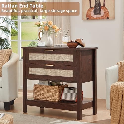 LEYAOYAO 31.5" Wide Rattan Night Stand, Oversized Large Walnut Nightstand with 2 Drawer, Boho Bed Side End Tables with Storage Shelf, Tall Bedside Table for Bedroom Living Room, Hallway - Thumbnail 3