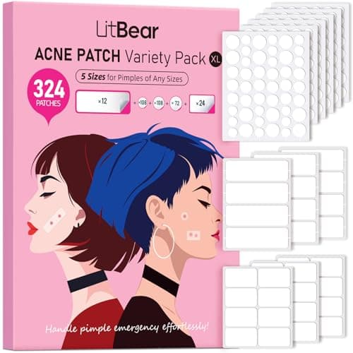 LitBear Large Pimple Patches, 5 Sizes 324 Patches Big Acne Patches, XL Hydrocolloid Bandages for Full Face, Forehead, Chin, Nose, Body, Back, Neck & Chest, Stirp, Square Large hydrocolloid Patch