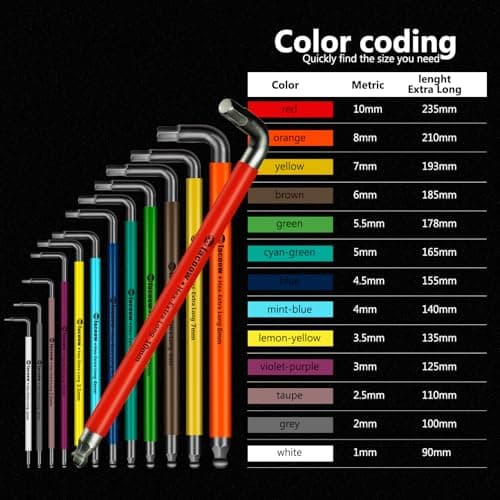 Facoow Allen Wrenches Sets, 13pcs Full Size Metric Hex Key Set with Tool Organizer Bag, Heavy Duty Extra Long Arm Ball End, Color Coded - Thumbnail 6