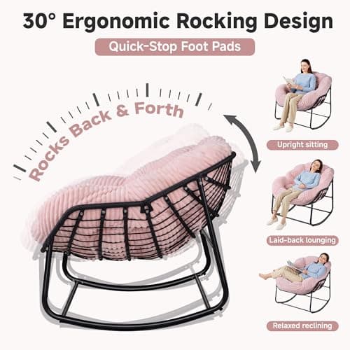 Halituny Indoor Rocking Chair, Oversized Outdoor Lounge Chair with Thick Corduroy Cushion & Straps, Wicker Modern Comfy Rocker Egg Chair for Living Room, Bedroom, Porch and Courtyard, Pink - Thumbnail 3
