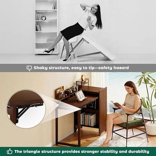 HDDFER Bamboo Folding Desk for Small Spaces,Hidden Desk with Storage Shelf, Foldable Computer Desk for Bedroom Home Office, Mid Century Modern Fold Out Table Writing Table, Walnut - Thumbnail 4