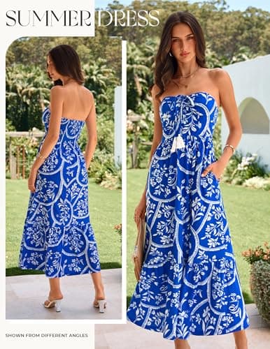 GRACE KARIN Summer Maxi Dresses for Women 2026 Floral Strapless Tube Top Boho Dress Flowy Beach Vacation Clothes with Pockets Blue 2XL - Thumbnail 2