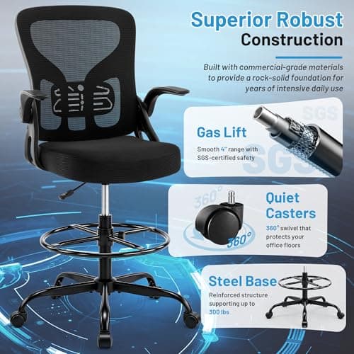 Hayelf Drafting Chair for Standing Desk, Tall Office Chair with 22"-30" Seat Height &7" Lift Footrest Ring, Ergonomic Executive Mesh Computer Counter Stool with Lumbar Support &Flip-up Arms for Artist - Thumbnail 5