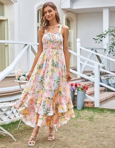 GRACE KARIN Women's 2025 Summer Floral Boho Dress Square Neck Strapped Swing A Line Sundress Beach Long Maxi OutfitsBlue Yellow M - Thumbnail 2