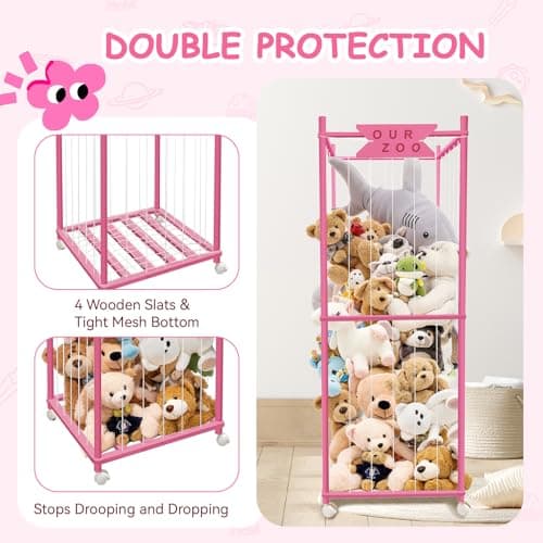Stuffed Animal Storage Zoo with Wheels, Wooden Large Stuff Animals Plushies Holder Toy Organizer Kids Plush Storage Cage with Elastic Band and Net for Nursery Playroom Corner for Toddler (Hot Pink) - Thumbnail 4