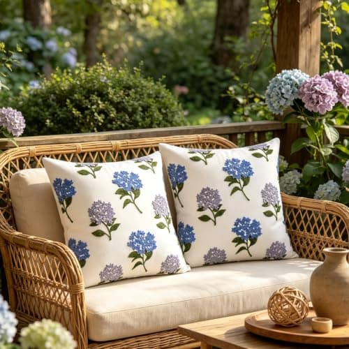 yuboo Set of 2 Embroidered Hydrangea Pillow Covers 18x18 Inch - Vintage Blue Floral Decorative Throw Pillow Covers - Boho Chinoiserie Cushion Case for Couch, Sofa, Aestheti Cottage Decor - Image 1