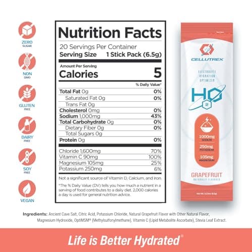 Cellutrex® H2O Electrolytes – Electrolyte Powder Drink Mix, Zero Sugar, Natural Himalayan Salt Hydration Packets for Recovery and Wellness, FSA-HSA, Grapefruit, 20 Sticks - Thumbnail 2