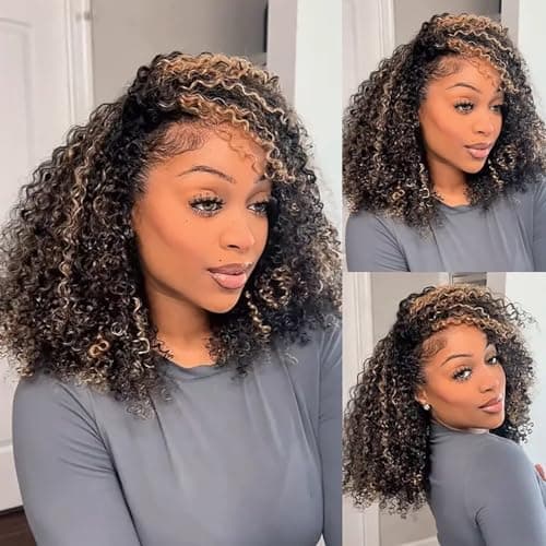 Kinky Curly Half Wig Human Hair Drawstring Balayage Highlight Ombre No Lace Glueless Wear Go Wig Drawstring Invisible Hairline Beginner Friendly For Women Flip Over Clip In 250% Density 18Inch - Thumbnail 2