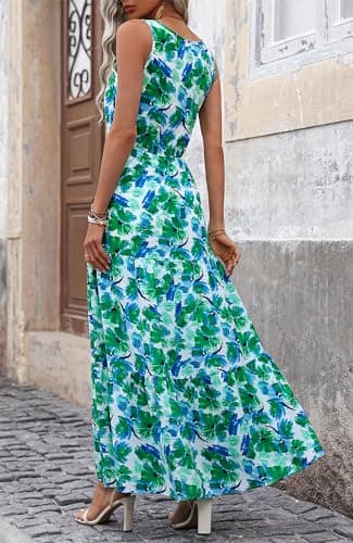 BTFBM Women Summer Dresses Casual Sleeveless Maxi Dresses Cute Floral Long Dress Wedding Guest Dress(Green Flower,Medium) - Thumbnail 6