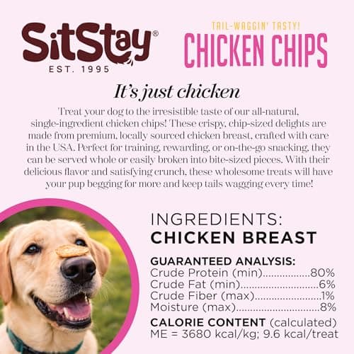 SitStay Chicken Chips Dog Treats - Travel Packs, Single Ingredient Dog Treat, Chicken Chips for Dogs for Training, Rewards and Sensitive Stomachs - Made in USA - 3 Bags - 5 Chips Each - Thumbnail 6