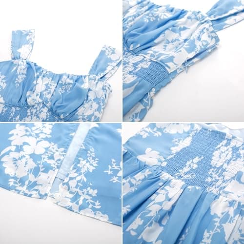 2025 Women's Summer Sleeveless Off Shoulder Floral Flowy A Line Maxi Dresses Blue White L - Thumbnail 5