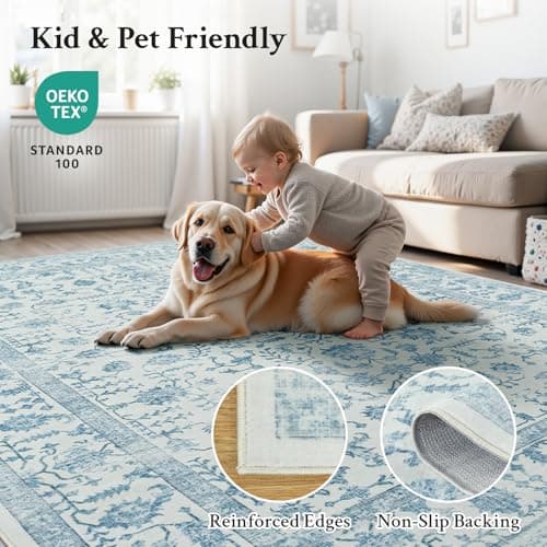 RUGVIGO Blue 8x10 Area Rugs for Living Room, Floral Vintage Washable Rug for Bedroom, Non-Slip Stain Resistant Soft Low Pile Carpet for Dining Room Home Decor Kids Room - Thumbnail 4