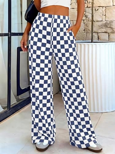 BTFBM Womens Checkered Palazzo Pants Wide Leg High Waisted Pockets Gingham Casual Lounge Pajama Trousers Summer Outfits(Plaid Grey Blue,Small) - Thumbnail 5