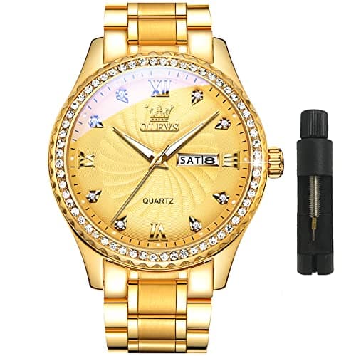 Fashion Gold Watches for Men Diamond Luxury Men's Wrist Watch with Day Date Waterproof Golden Stainless Steel Big Face Luminous Classic Dress Male Watches Casual Analog Quartz Watch for Young Man - Image 1