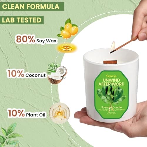 Senvia Crackling Wood Wick Candle - Soy Wax, Yuzu Citrus Scented, Non Toxic, Clean Burn for Home Office, Long Lasting for Small to Medium Rooms, Stress Relief - Thumbnail 4