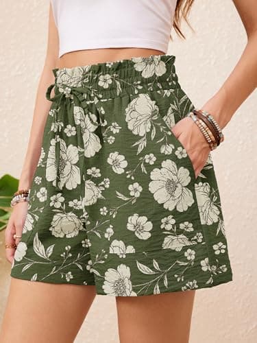 KORSIS Women Shorts High Waist Elastic Summer Lounge Casual Beach Vacation Work Loose Trousers with Pockets Vintage White Floral L - Thumbnail 2
