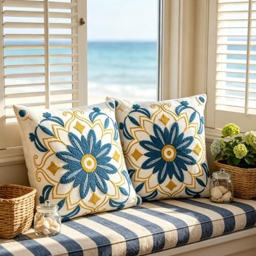 yuboo Set of 2 Embroidered Throw Pillow Covers 18x18 Inch - Classic Boho Floral 3D Textured Cushion Covers - Teal & Yellow Decorative Pillowcases for Sofa, Couch, Bed, Living Room - Image 1