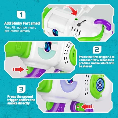 Resosese Fart Gun, Fart Blaster Toy Gun with Shoots Real Fog Rings,2 Unique Durian & Cheese Scents,2 Fun Sound Effects & Color-Changing Lights, Anti-Backflow Safe, Christmas Fart Gifts Toys for Kids - Thumbnail 6