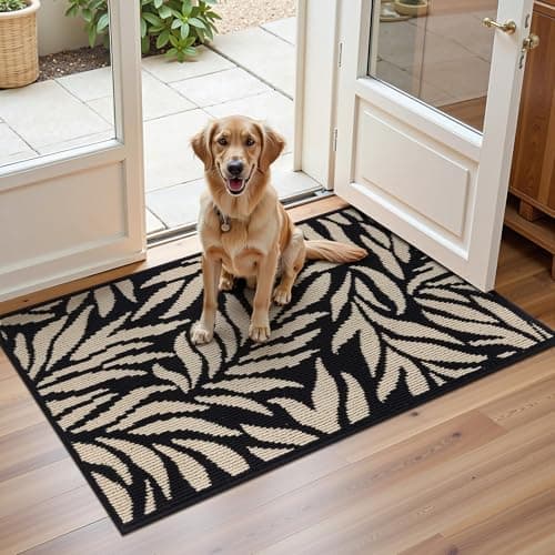Ileading Indoor Door Mat 2x3ft, Absorbent Dog Muddy Paws Mats, Low-Profile Leaves Small Entrance Runner Carpet with Non-Slip Rubber Backing, Washable Inside Welcome Mat for Hallway,Kitchen (Black)